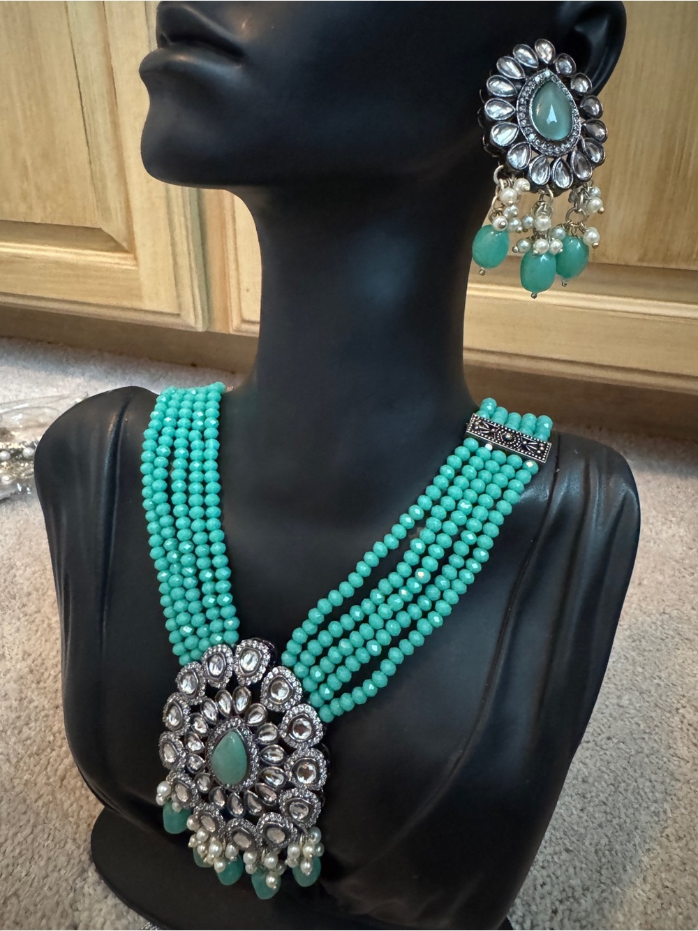 Turquoise Multi-Strand Beaded Necklace with Crystal Pendant